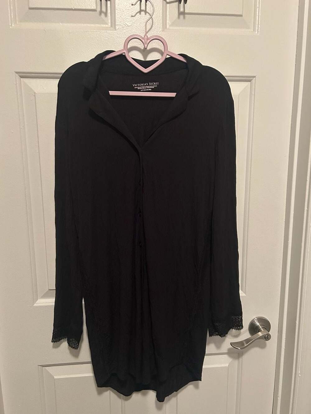 Victoria's Secret Black Long Sleeve Button-Down Sleep Shirt with Lace Trim